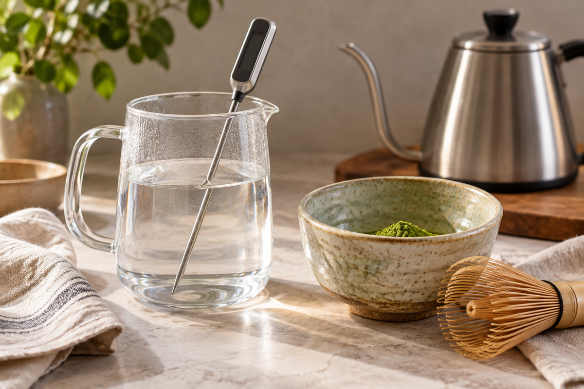 A kitchen thermometer in a glass jug of warm water beside matcha powder and a bamboo whisk.