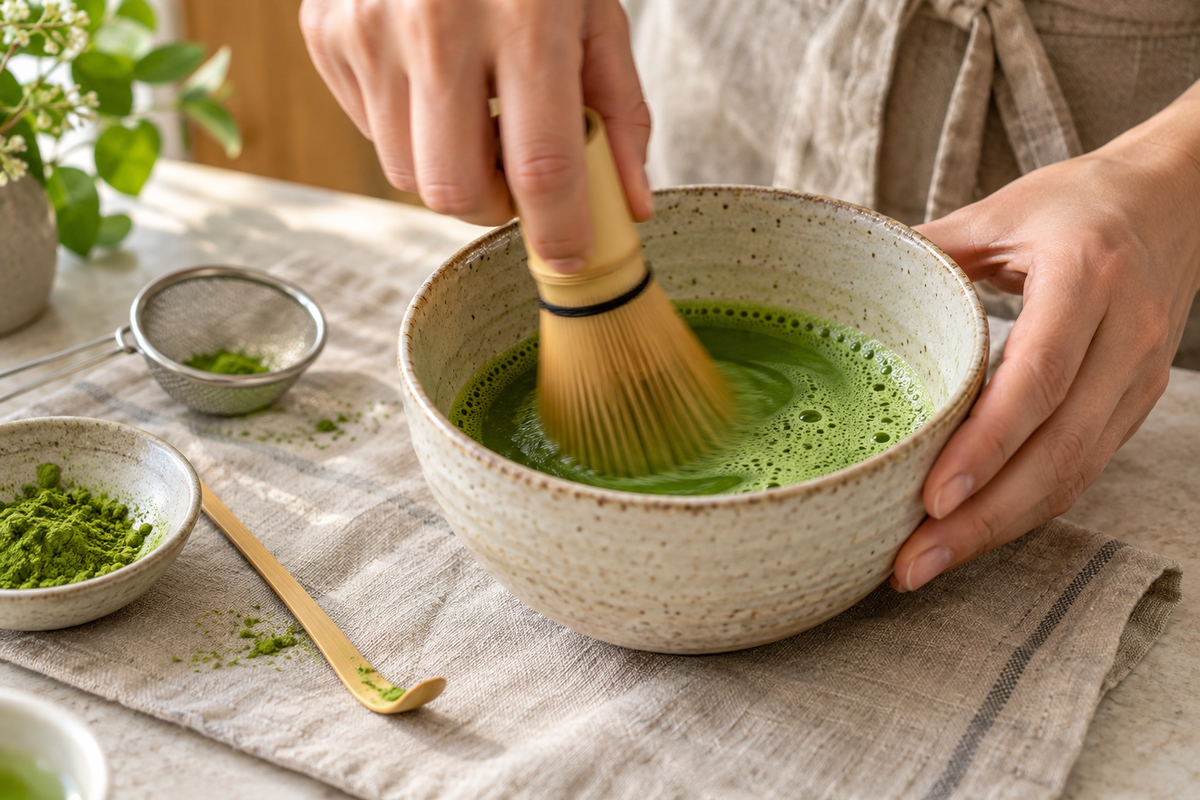 Hands whisking matcha and water with a bamboo whisk to prepare usucha.