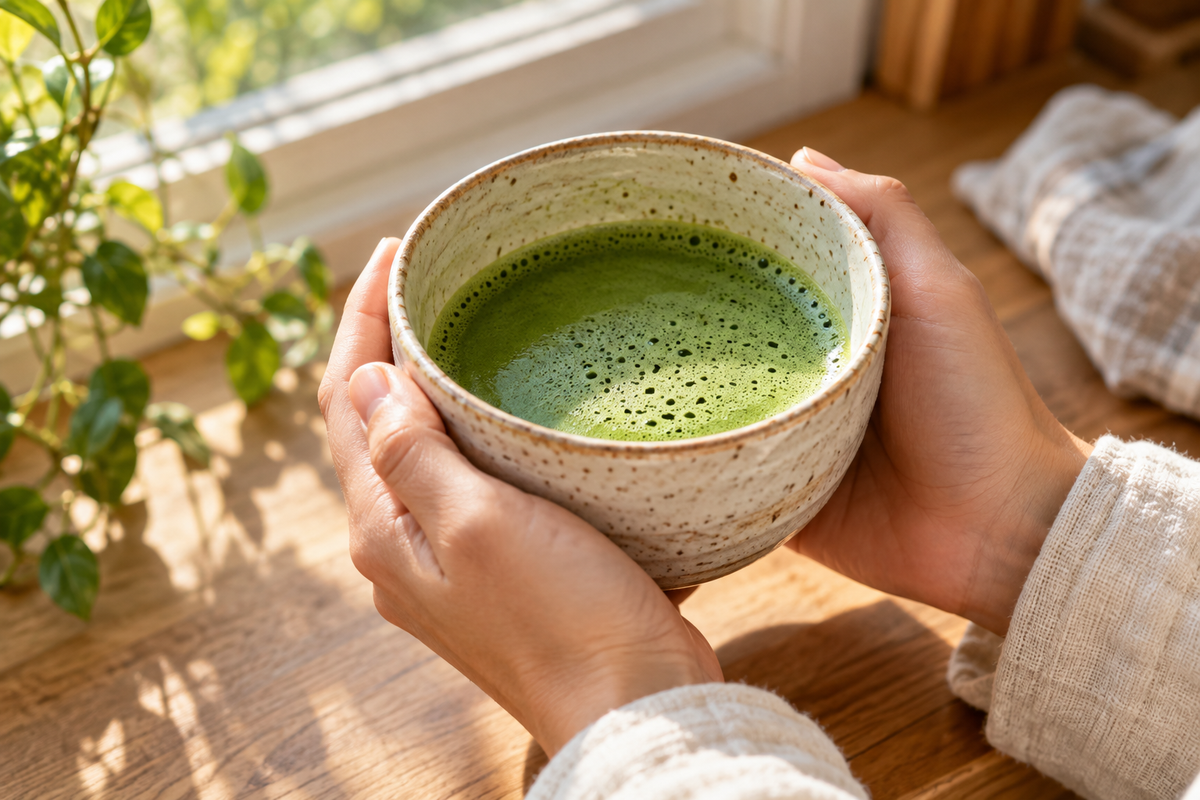 A bowl of plain matcha held in both hands beside a softly lit kitchen window.