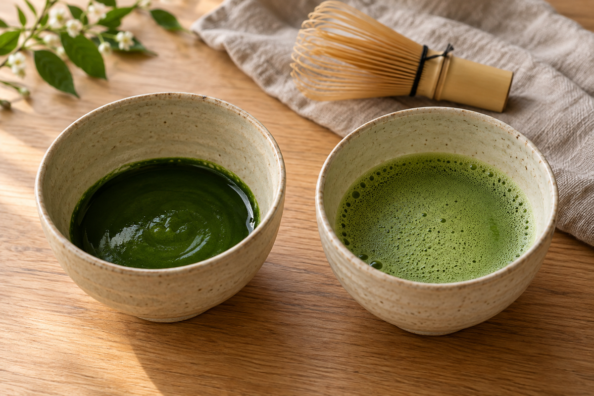 Two bowls of matcha showing glossy, thick koicha beside lighter usucha with fine foam.
