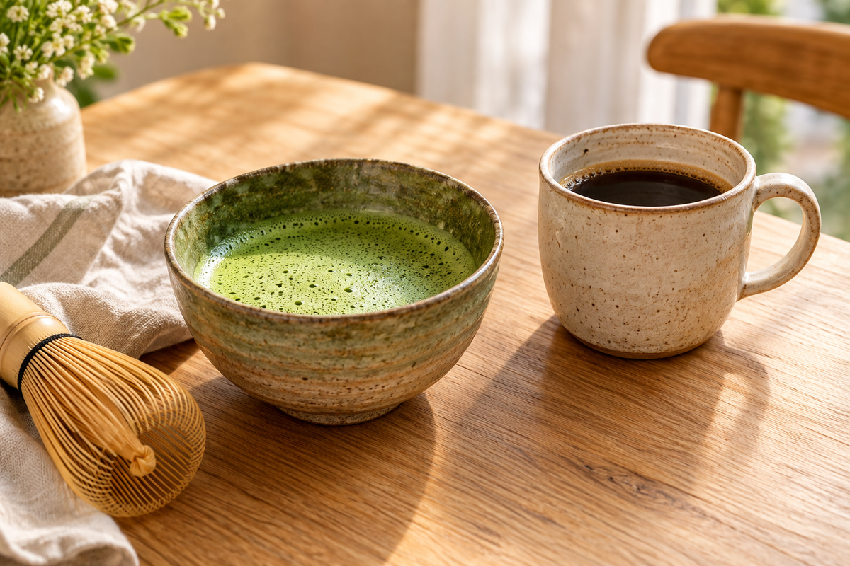 A bowl of freshly whisked matcha beside a cup of black coffee on a wooden table in warm morning light.