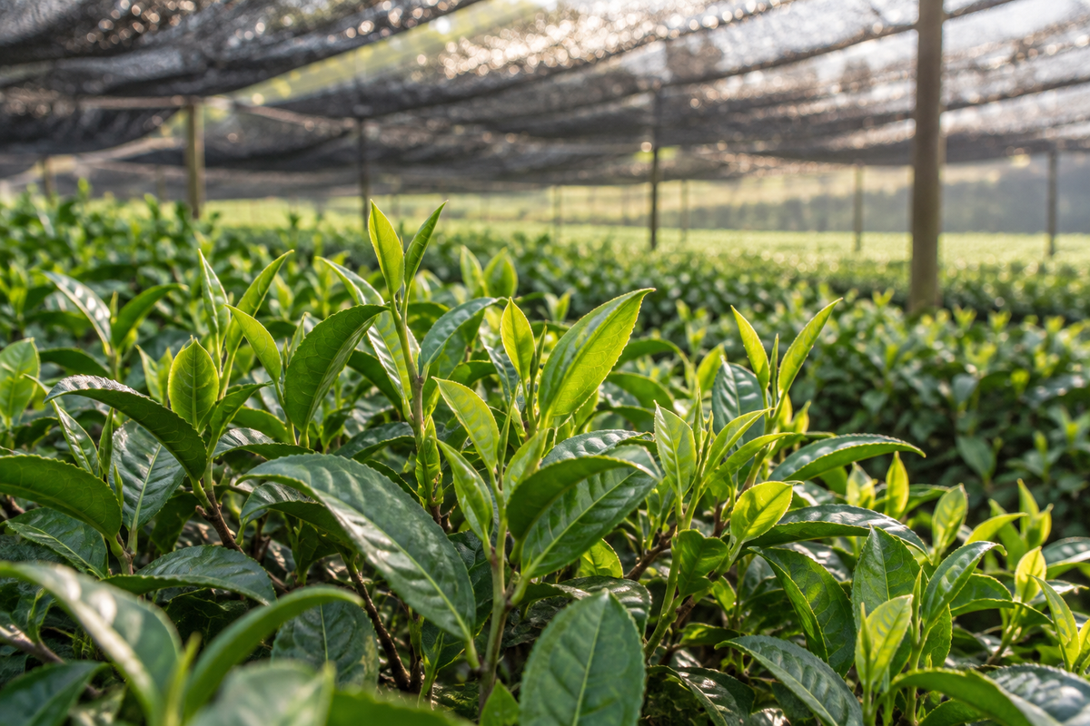 Fresh green tea shoots growing beneath shade cloth in a tea field.