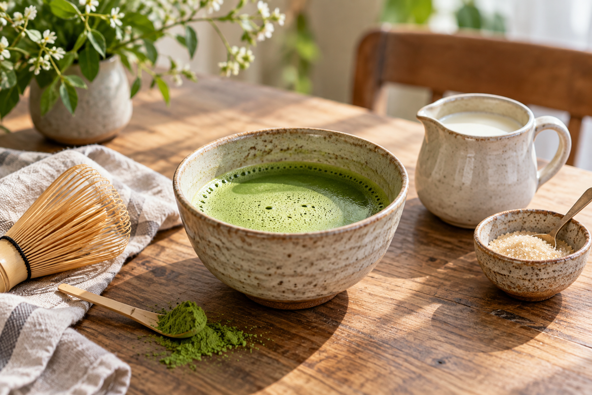 Plain matcha beside a small milk pitcher and a bowl of sugar on a warm kitchen table.