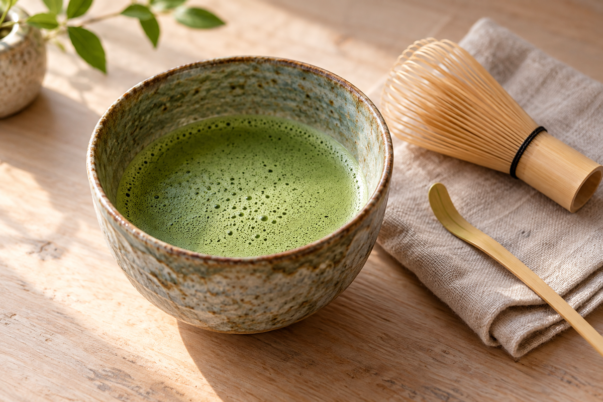 A traditional bowl of usucha with a delicate layer of fine green foam.